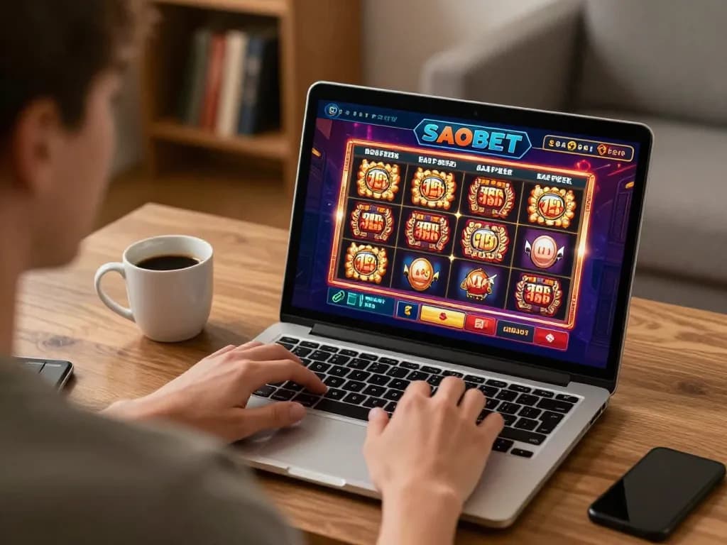 Engaging online gaming session at https://saobet.deal/, showcasing a vibrant slot interface on laptop in a cozy home setting.