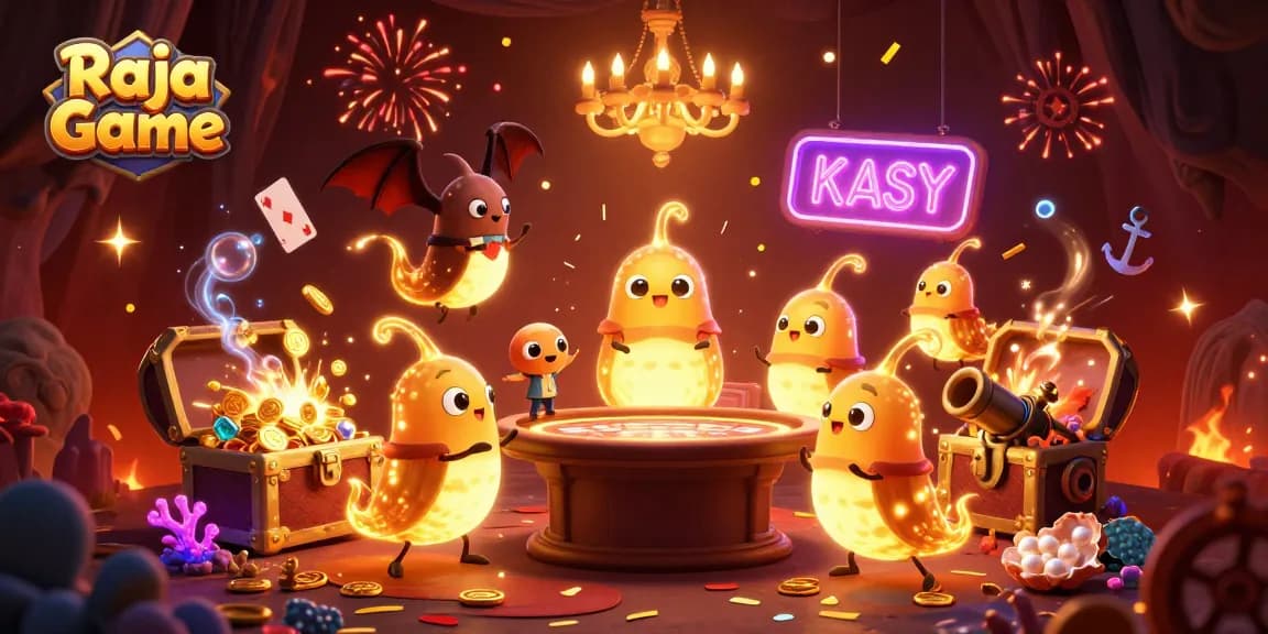 Play the exciting Raja Game with vibrant glowworms lighting up a casino filled with treasures.