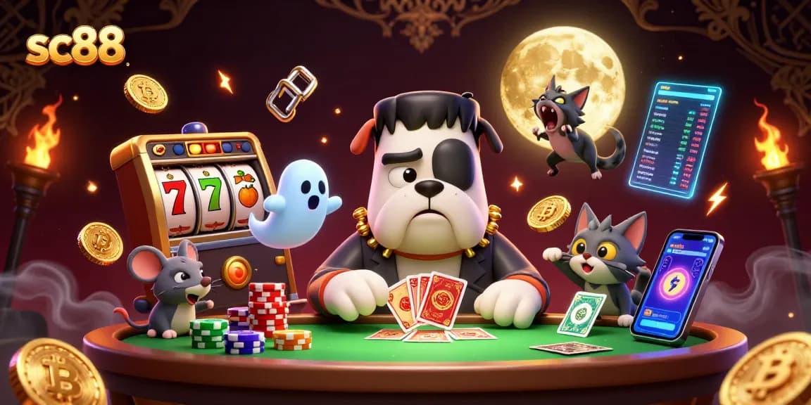 Win big at SC88 with a vibrant 3D casino scene featuring a bulldog dealer and jackpot elements.