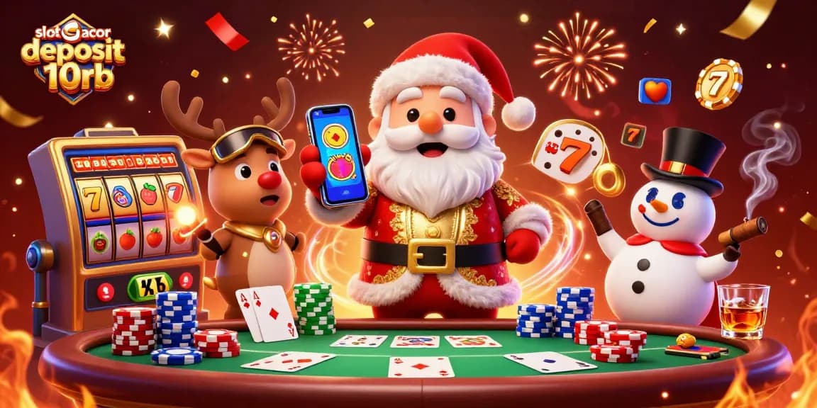 Experience the excitement of slot gacor deposit 10rb with festive characters in a dynamic casino setting.