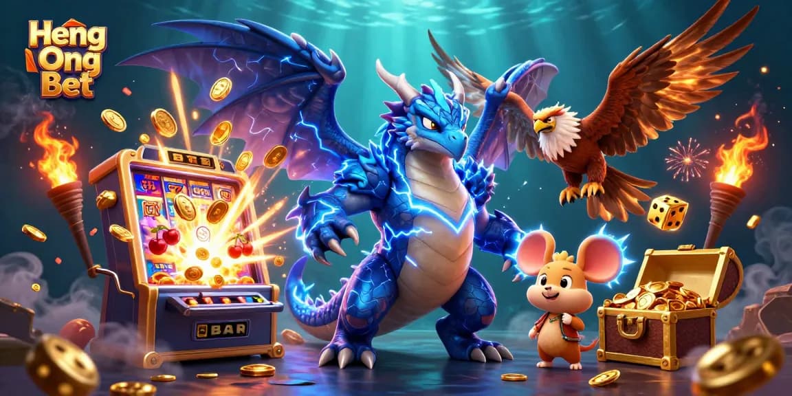 Experience thrilling gaming with Heng Ong Bet's 3D lightning dragon, vibrant slot machines, and glowing treasures.