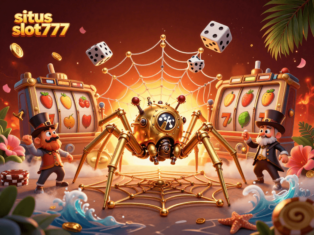 Situs slot777 showcasing a steampunk spider, golden web, and vibrant slot reels amidst dynamic casino elements.