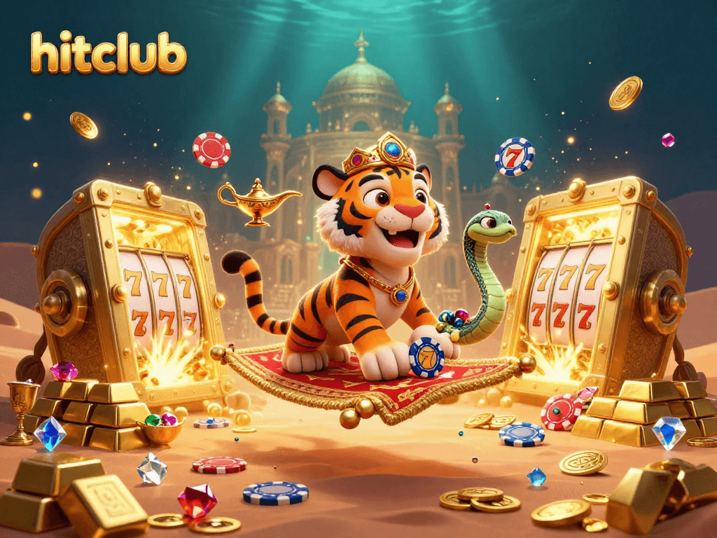 Engage with hitclub's thrilling 3D adventure featuring a tiger sultan on poker chip carpet amidst dazzling casino treasures.