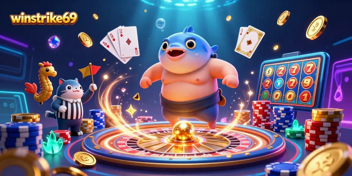 Experience winstrike69 excitement with vibrant underwater gambling characters amidst cascading coins and slot reels.