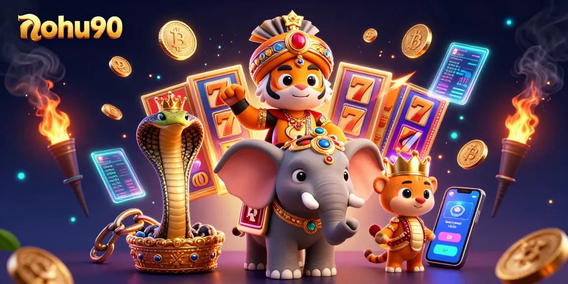 Nohu90 slots jackpot scene with a maharaja tiger and elephant, showcasing a vibrant casino atmosphere.