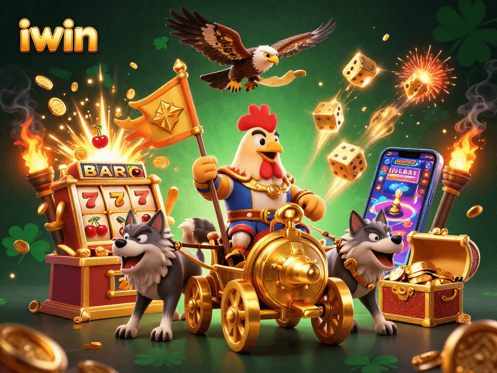 Experience thrilling action with iwin’s vibrant rooster warlord in a golden chariot amidst a casino explosion.