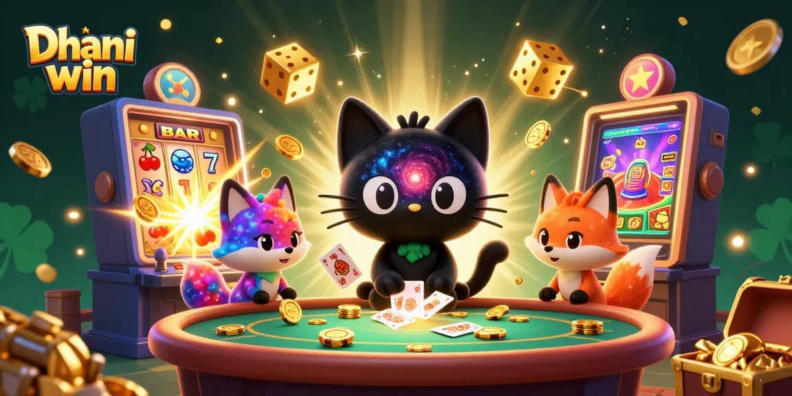 Engage in vibrant Dhani win gaming with a cosmic casino illustration, showcasing thrilling slots and character interactions.