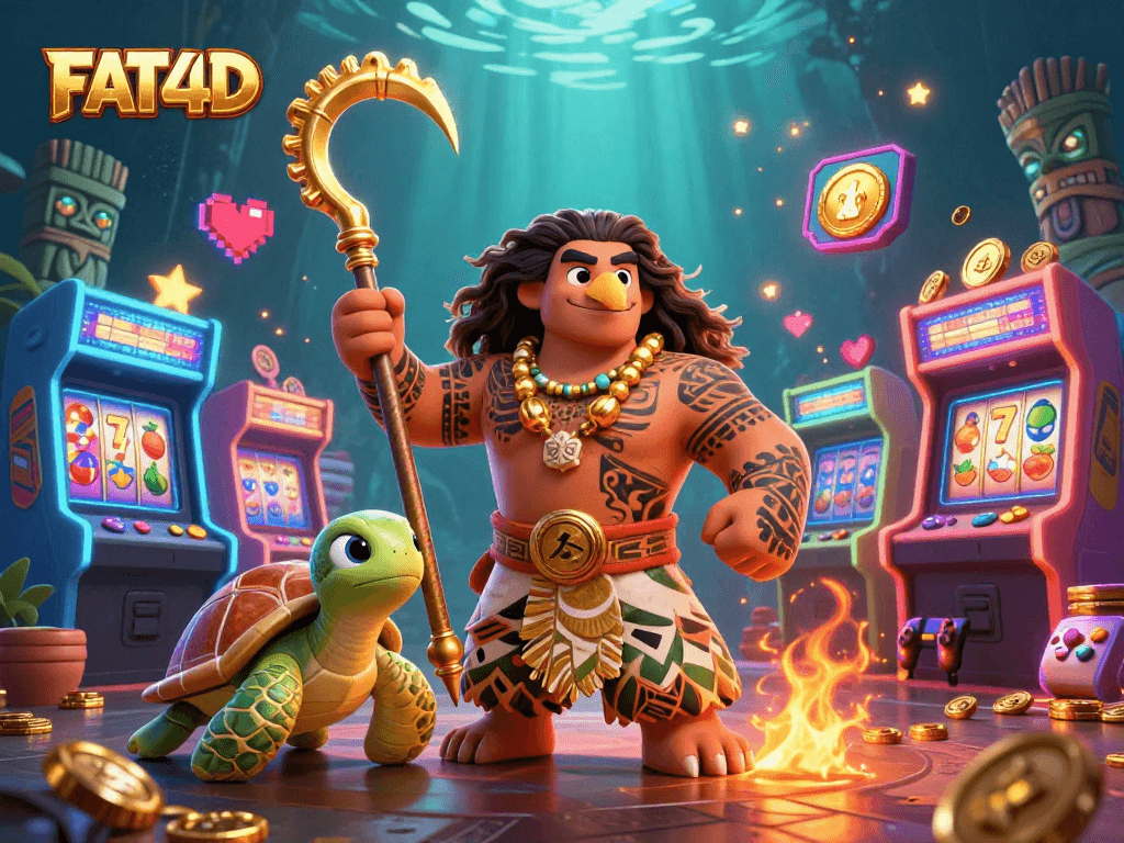 Engage with FAT4D's thrilling slot machines featuring a demigod and turtle in neon casino art.