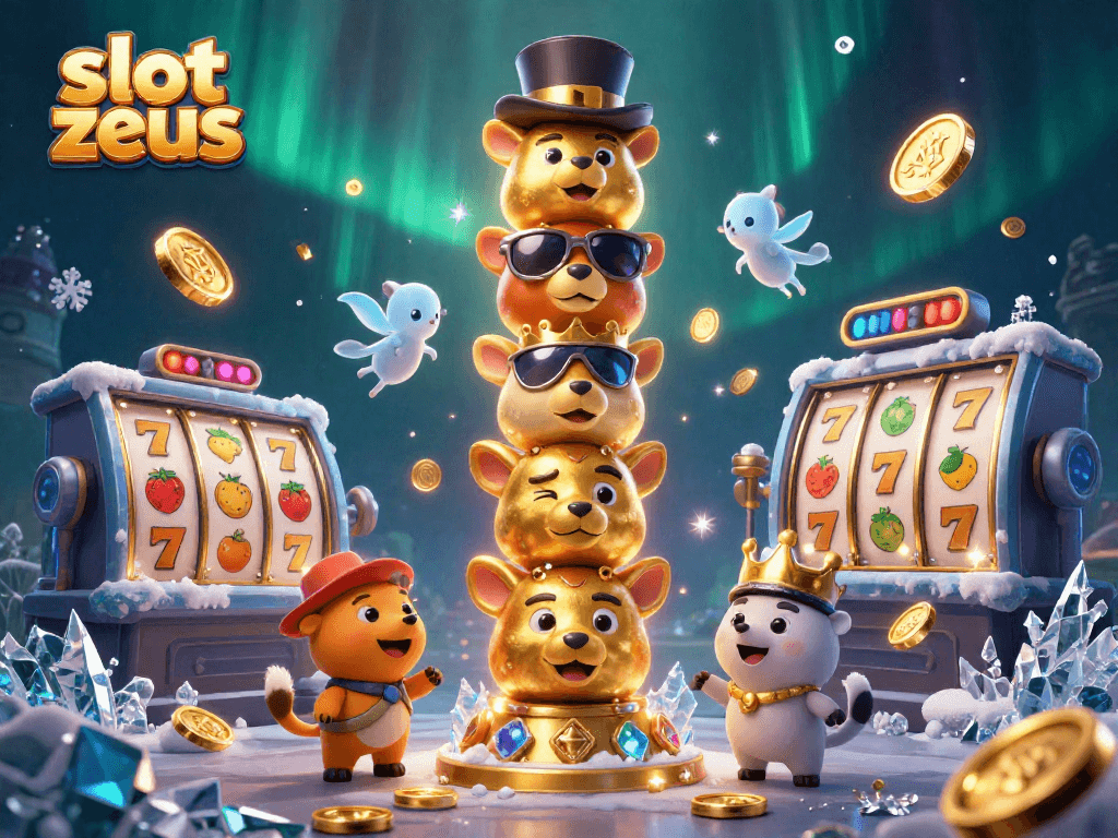 Experience the thrill of slot zeus in this vibrant illustration with dynamic casino elements and a totem pole.