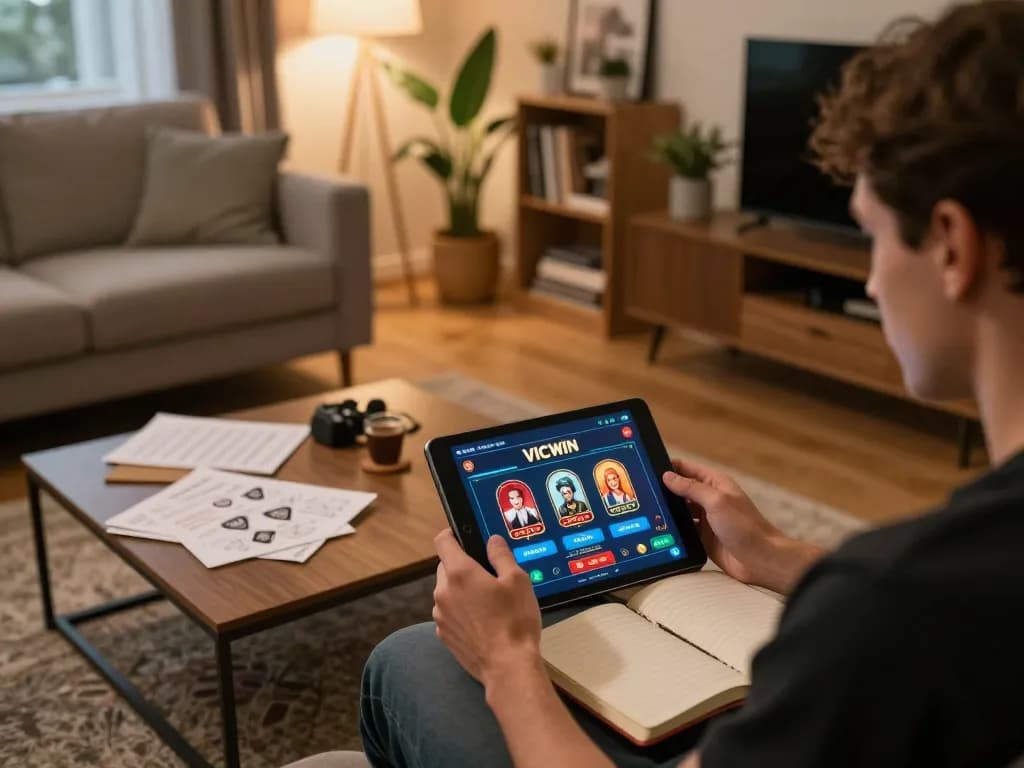Engaging in online gaming with the VICWIN casino app in a cozy home setting.