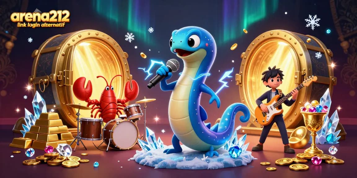 Mengakses arena212 link login alternatif melalui ilustrasi 3D kasino yang menarik dengan karakter unik di panggung.