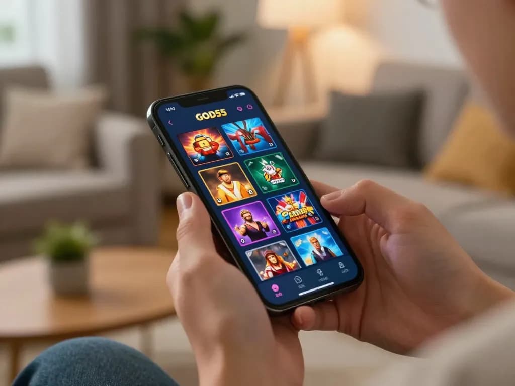 Engaging with the God55 casino app on a smartphone in a cozy home setting, showcasing online gaming excitement.