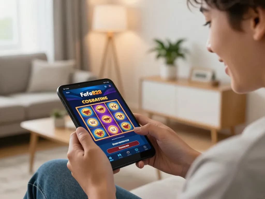 Player enjoying FAFA828 mobile gaming experience with vibrant slot interface displayed