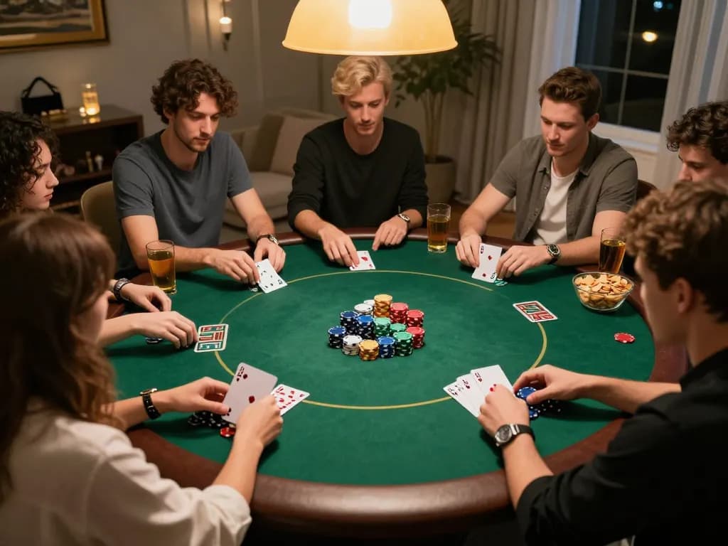 Engaging poker gameplay with friends in a cozy setting, showcasing strategic decision-making atmosphere.