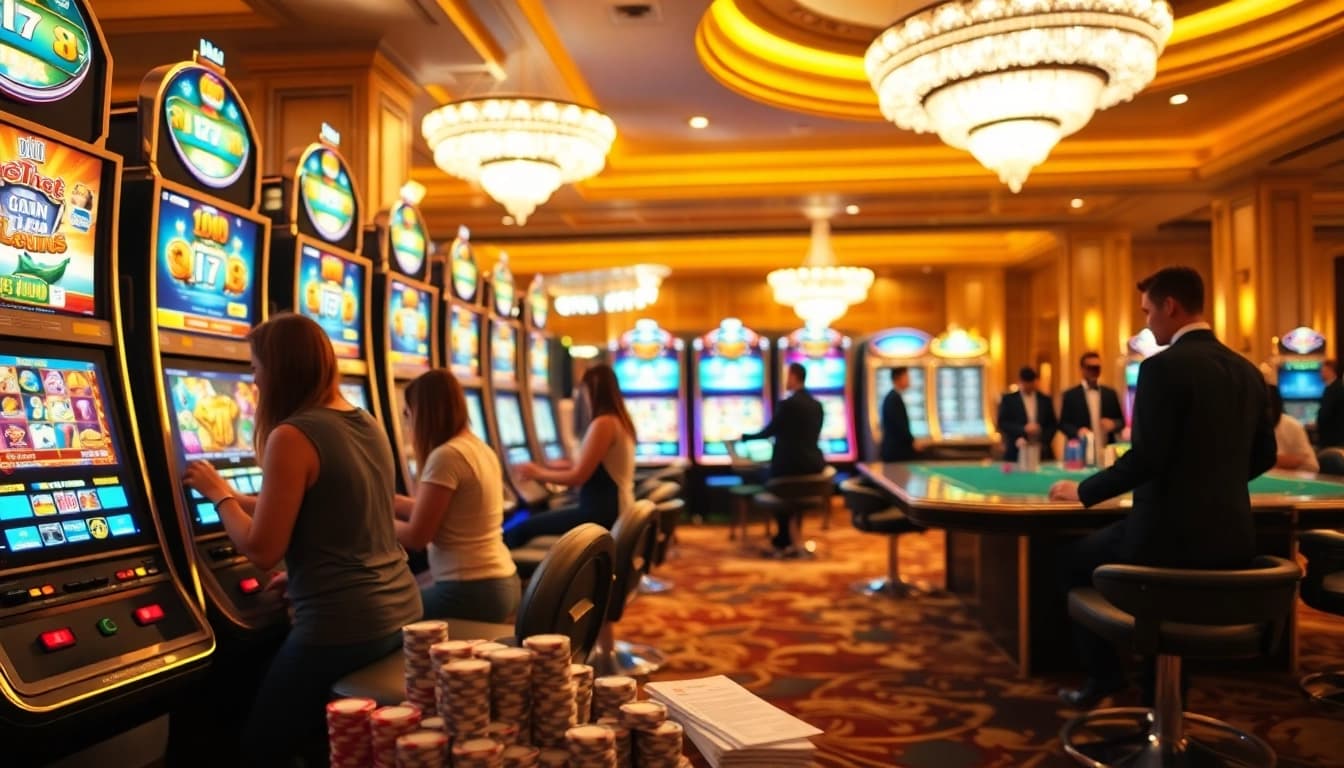 Excited players spinning slot machines in a luxury casino atmosphere with vibrant visuals.