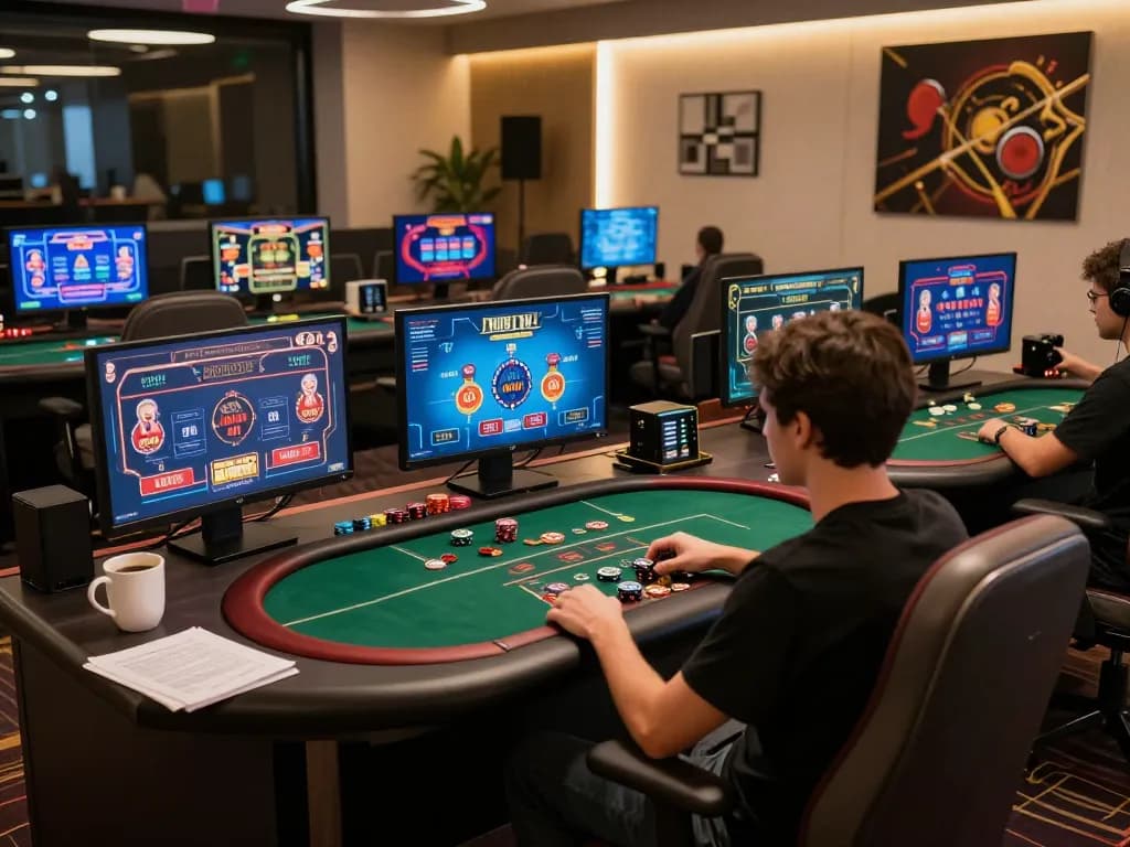 Player strategizing on btopcshop at a modern gaming desk with multiple displays, focused on poker.