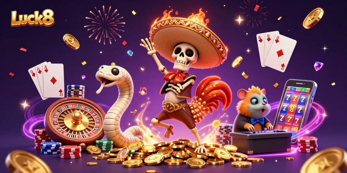 Experience thrilling wins with Luck8's vibrant casino scene featuring colorful characters and dynamic games.