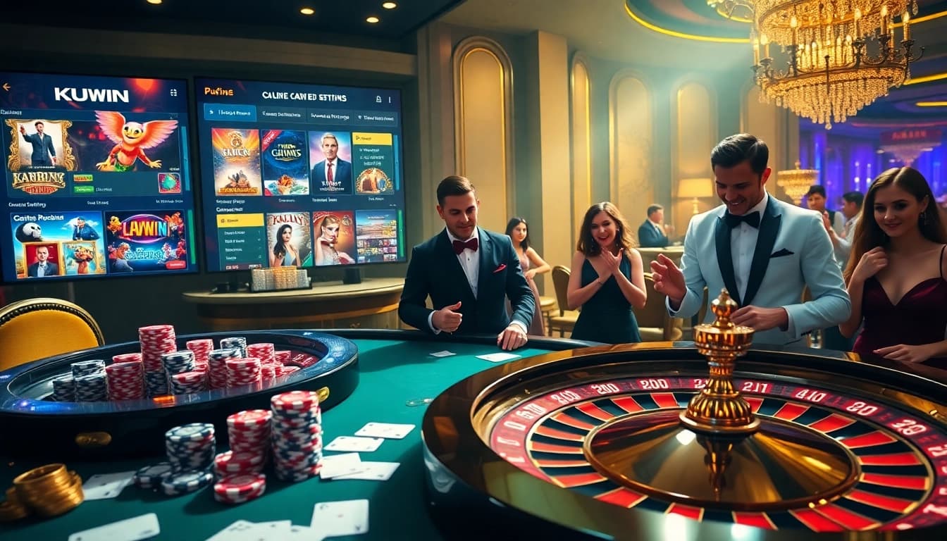 Excited players strategizing at the KUWIN casino table with poker chips and cards.