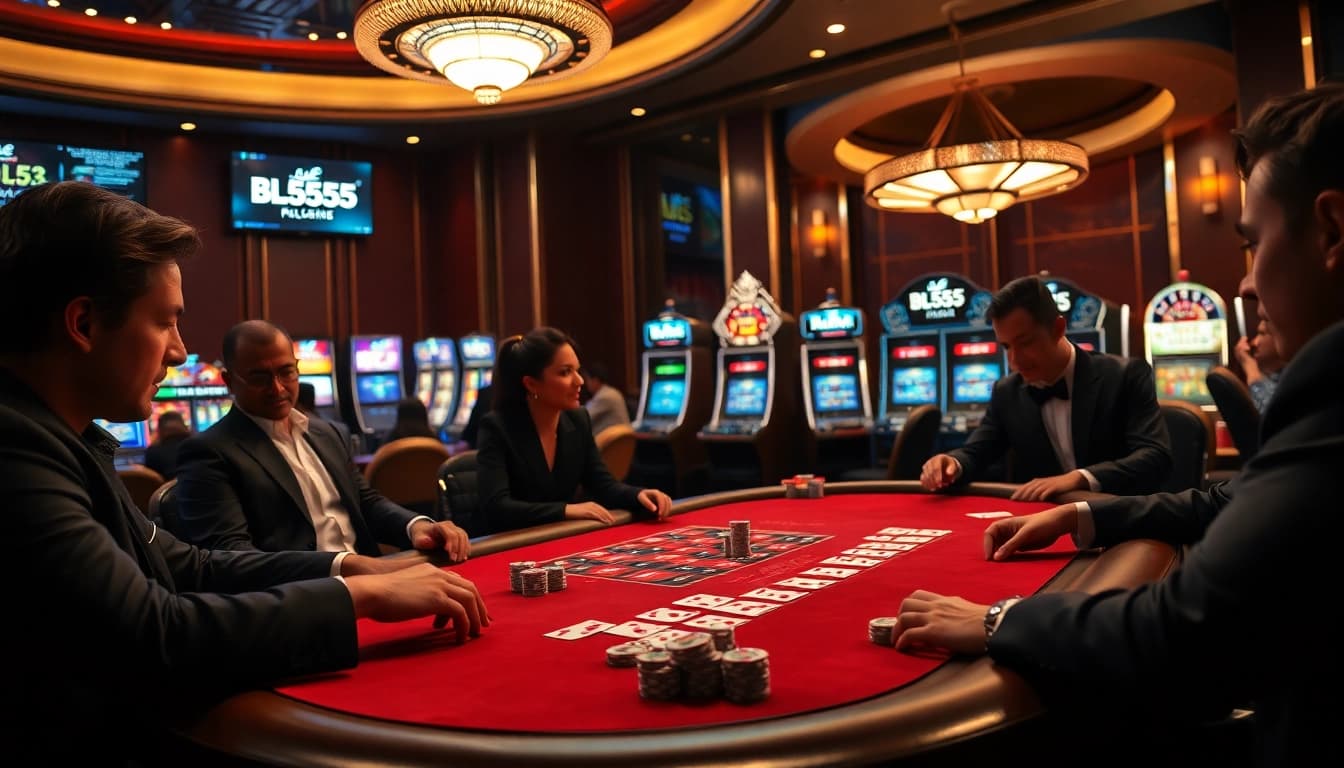 Experience the excitement of BL555 at a glamorous poker table with chips and cards.