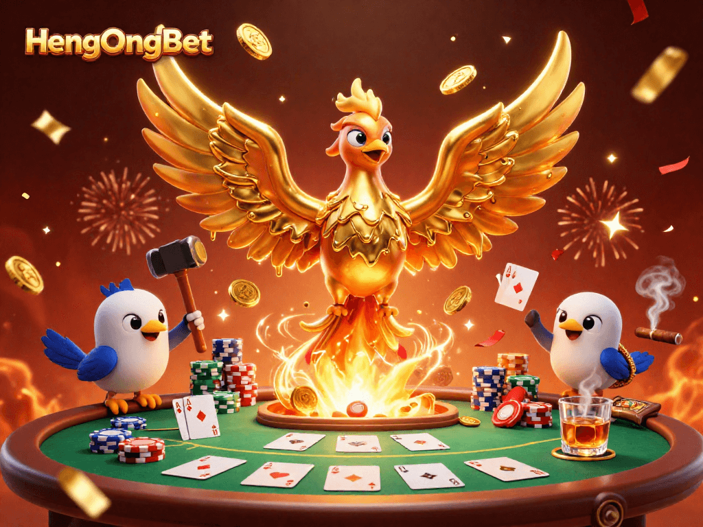 Engage with HengOngBet's thrilling casino experience featuring a molten golden phoenix and vibrant poker elements.