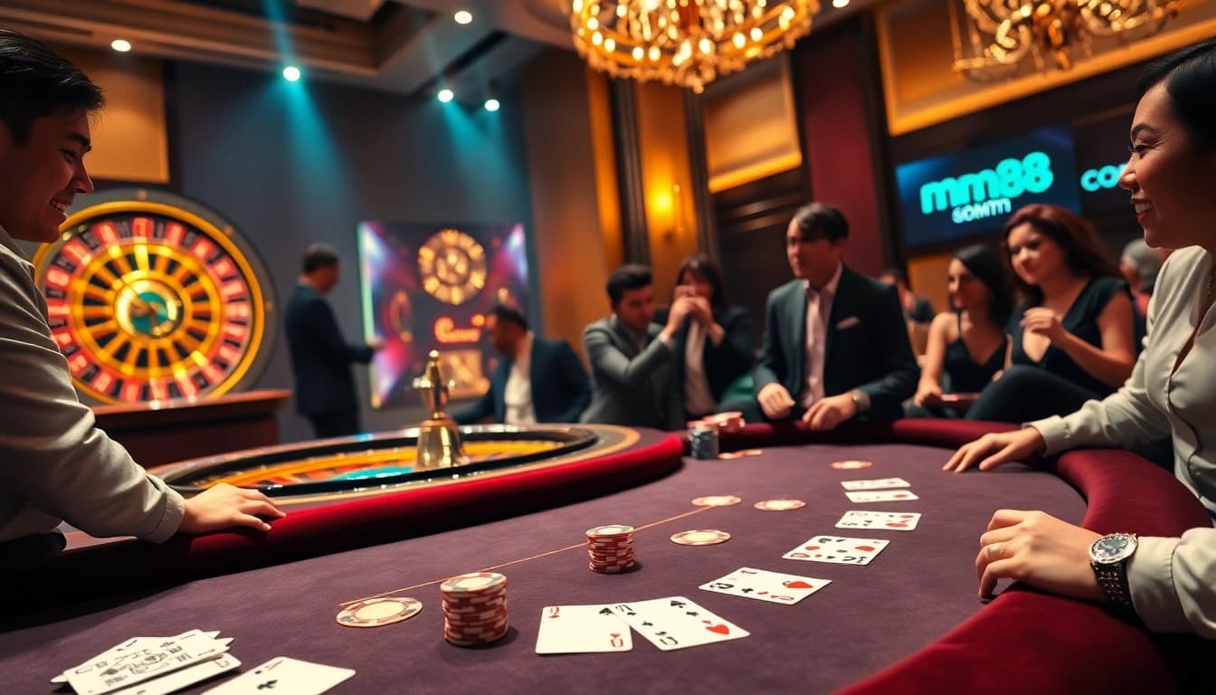 Players enjoying high-stakes blackjack at mm88 com casino, surrounded by vibrant poker chips and excitement.