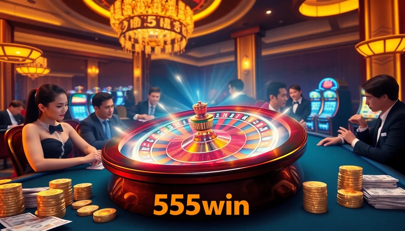 Experience the thrill of gaming with 555win in this luxurious casino scene featuring roulette and poker.