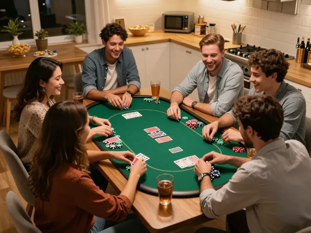 Xổ Số MM99 players enjoying a thrilling home poker night with chips and cards.