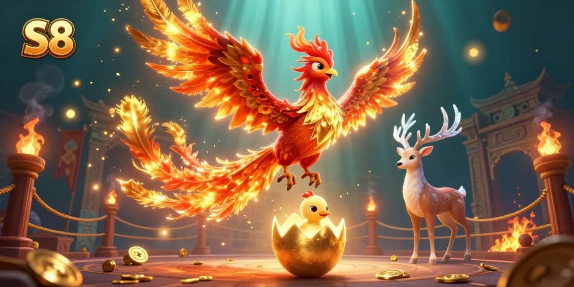 Engage in S8's thrilling world of gaming with a fiery phoenix and mystical stag illustration.