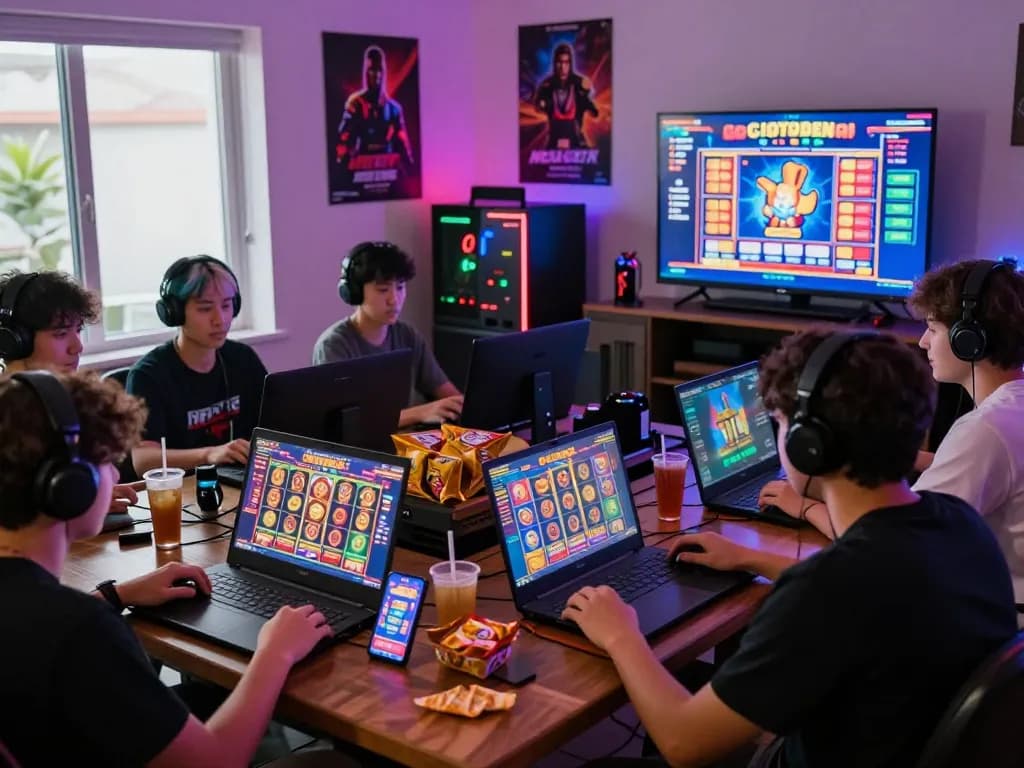 Engaged players enjoying slot gacor games on various devices with vibrant gaming graphics and energetic atmosphere