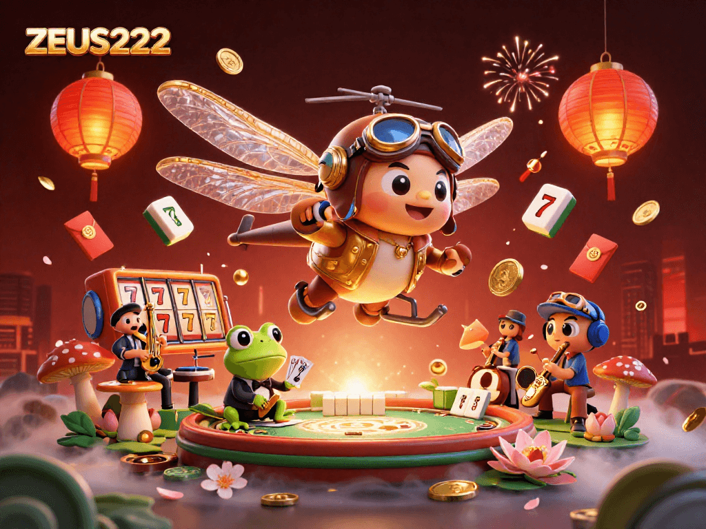 Experience ZEUS222 gaming excitement with a dragonfly pilot, frog croupier, and vibrant casino elements.