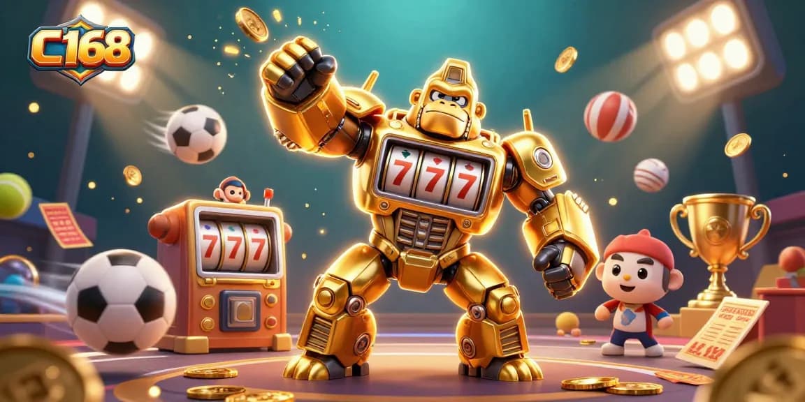 C168 elevates gameplay with a dynamic 3D scene featuring a golden gorilla mech and explosive coins.