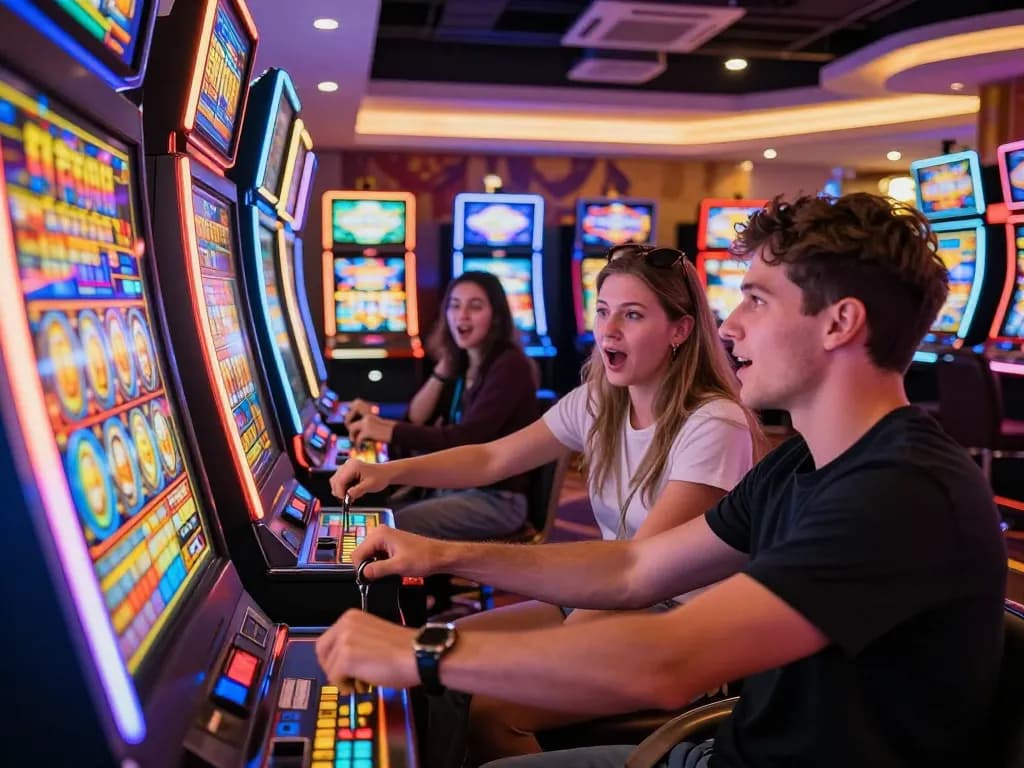 Engaged players enjoying slot gacor games with colorful displays and vibrant lighting in a lively casino.