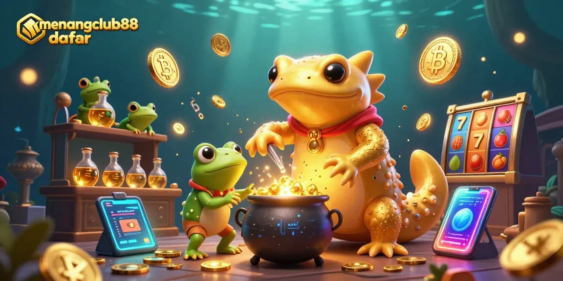 Engage in winning strategies with menangclub88 daftar in a vibrant 3D casino scene full of gold coins.