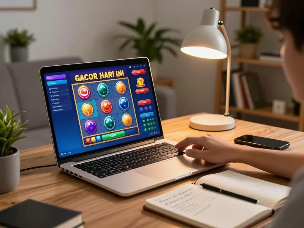 Engaging online gameplay of slot gacor hari ini with player clicking spin button on laptop in cozy home setting.