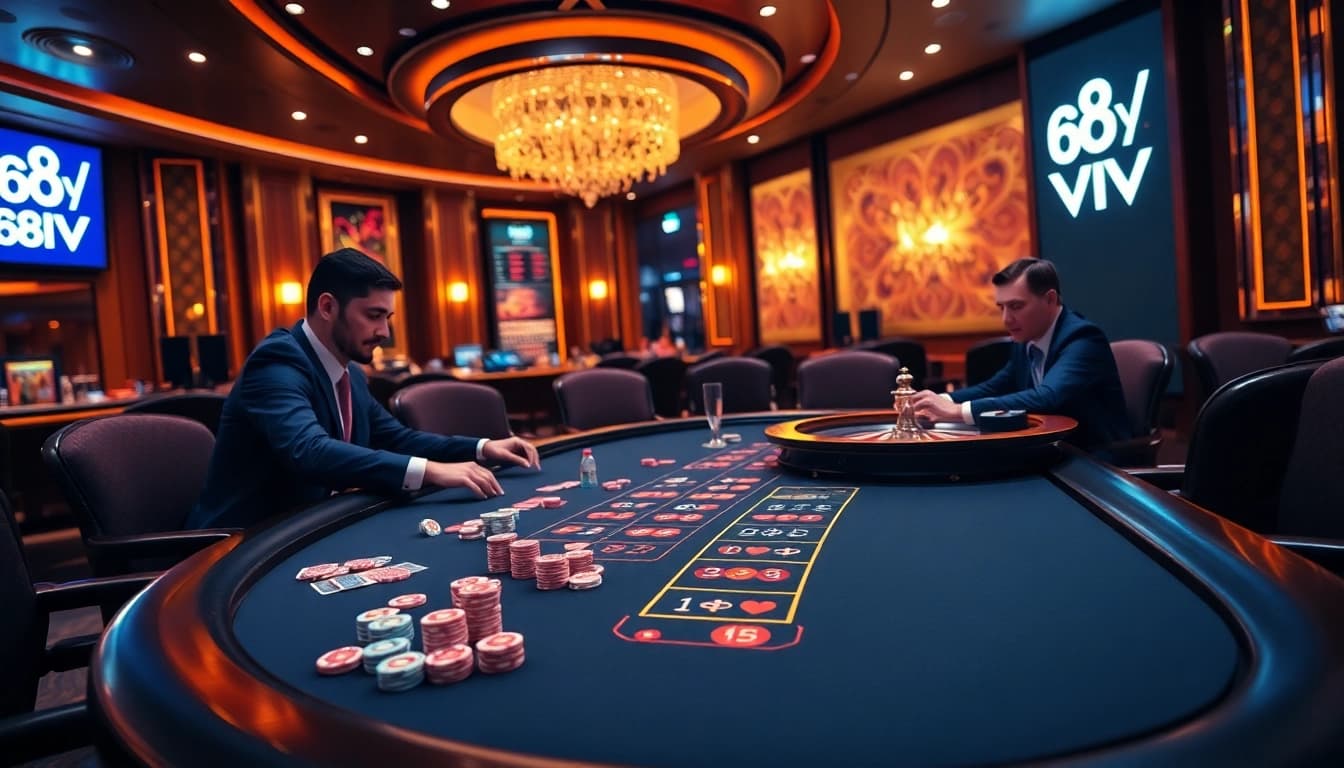 Experience the thrill of poker at 68VIP's luxurious casino, featuring vibrant cards and colorful chips.