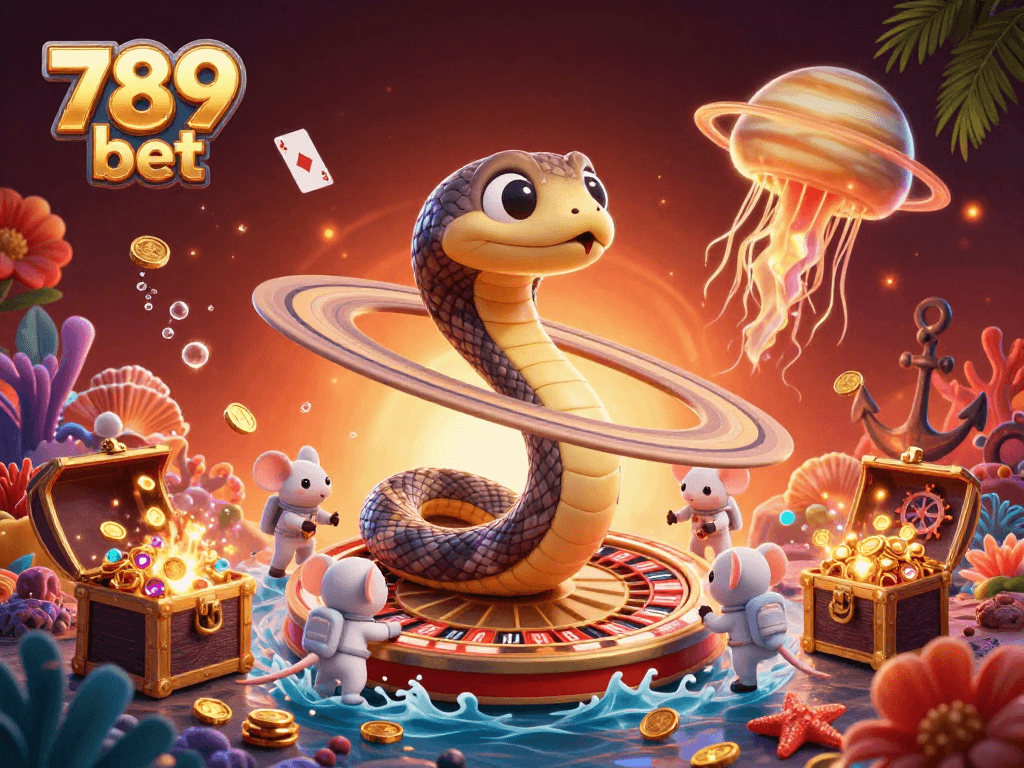Experience exciting games with 789 bet in a vibrant digital casino landscape featuring a magical roulette wheel.