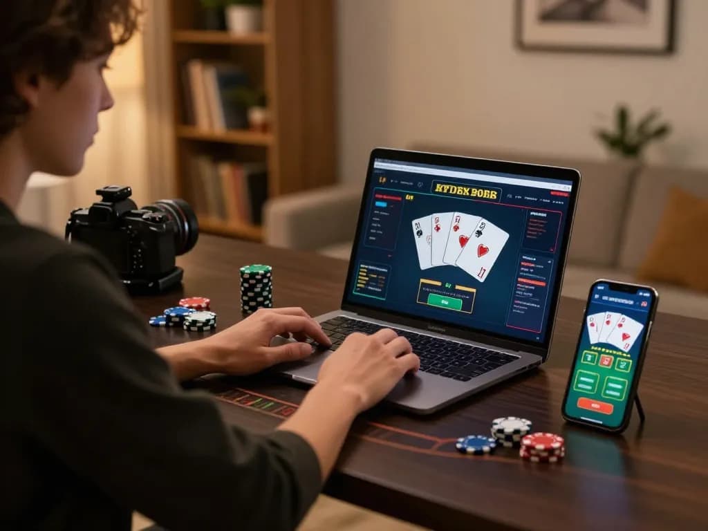 Engaging in live dealer blackjack with 388bet on a stylish home setup featuring a laptop and smartphone.
