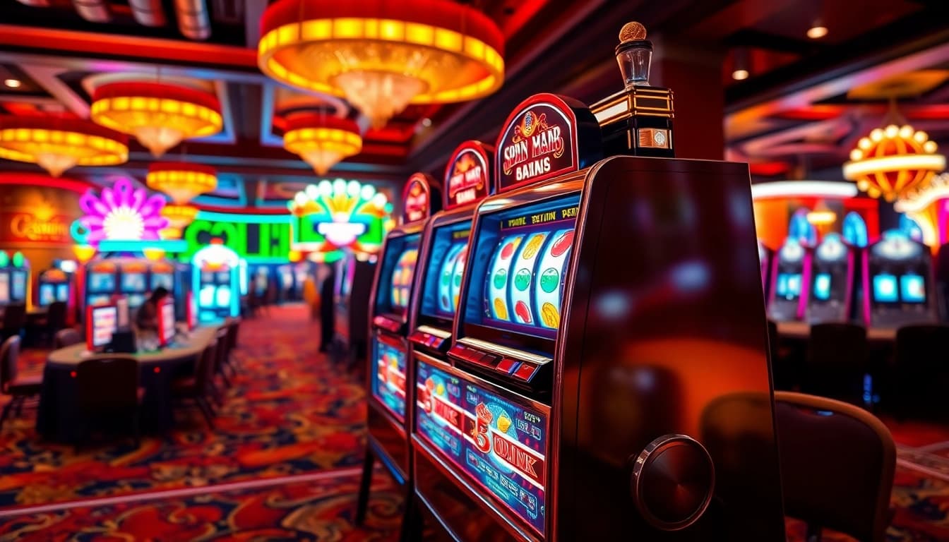 Players enjoying a lively slot machine game in a glamorous casino atmosphere.