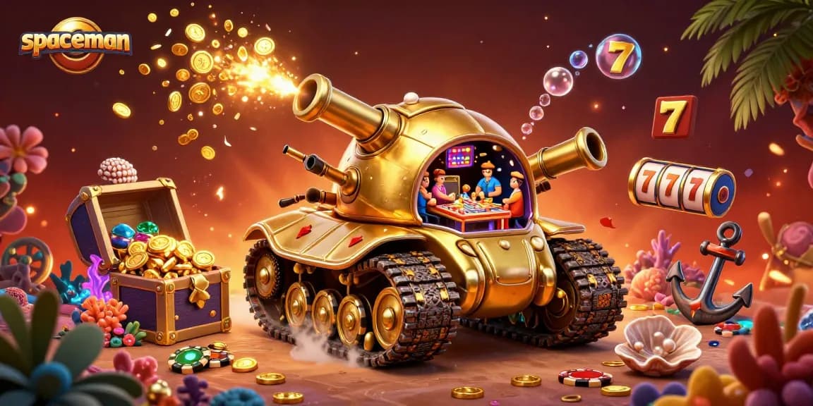 Spaceman-themed casino illustration featuring vibrant slot reels and golden beetle tank action.