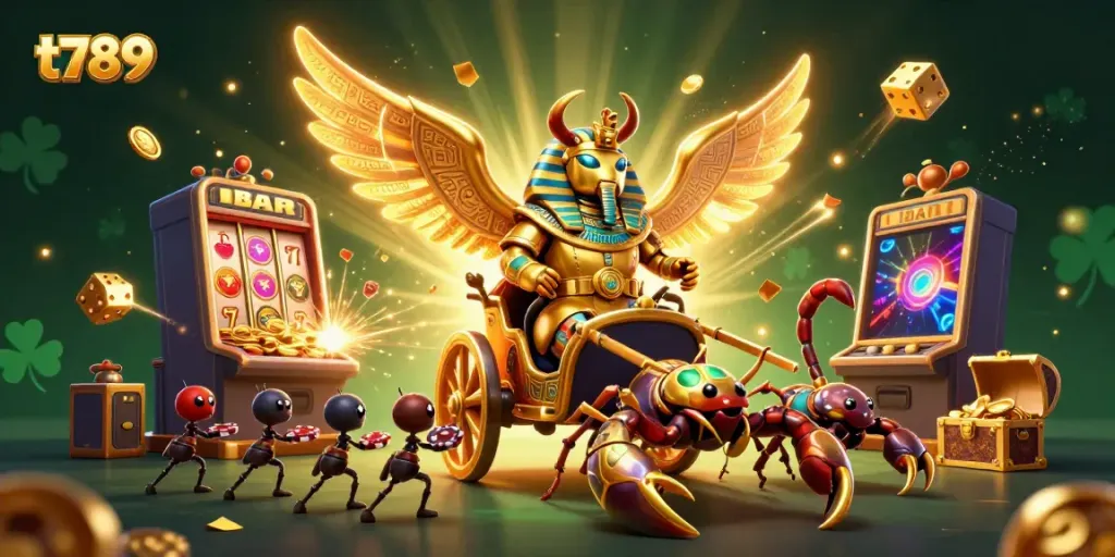 T789 gaming excitement with a golden scarab beetle in pharaoh armor amidst a jackpot explosion and vibrant casino elements.