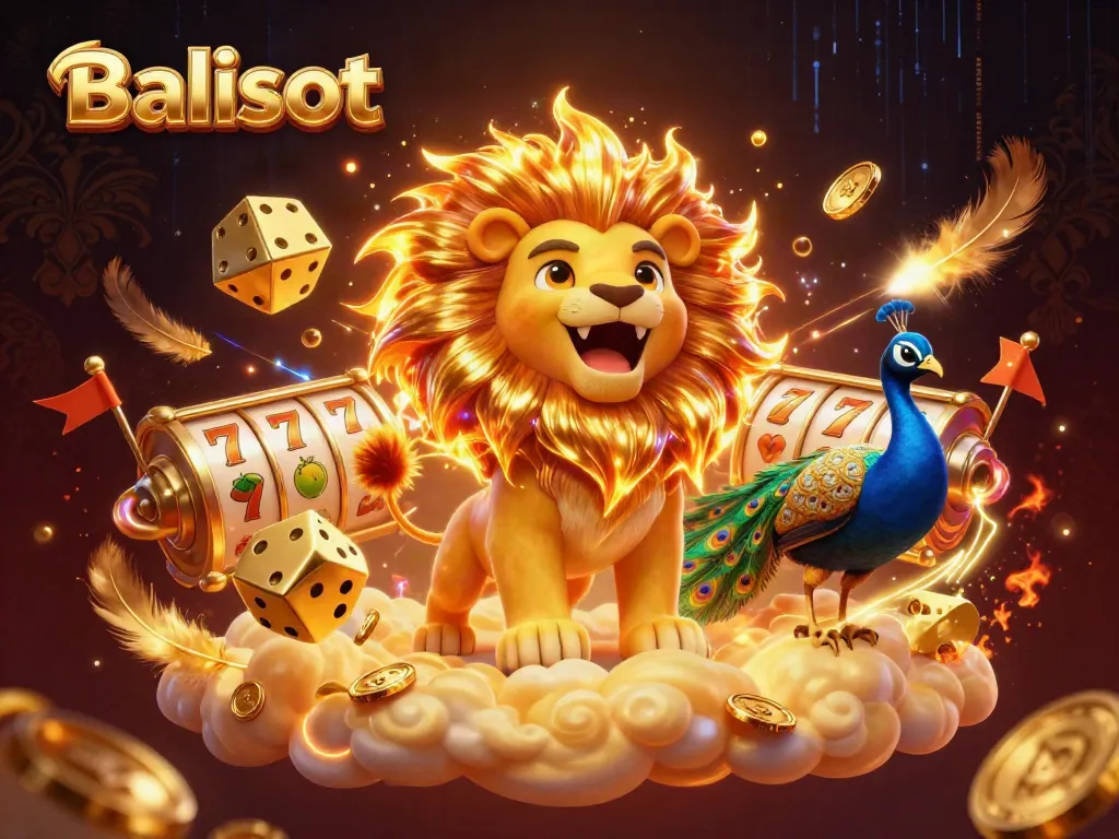 Play alongside the majestic Balislot lion, surrounded by vibrant slot elements and golden dice.