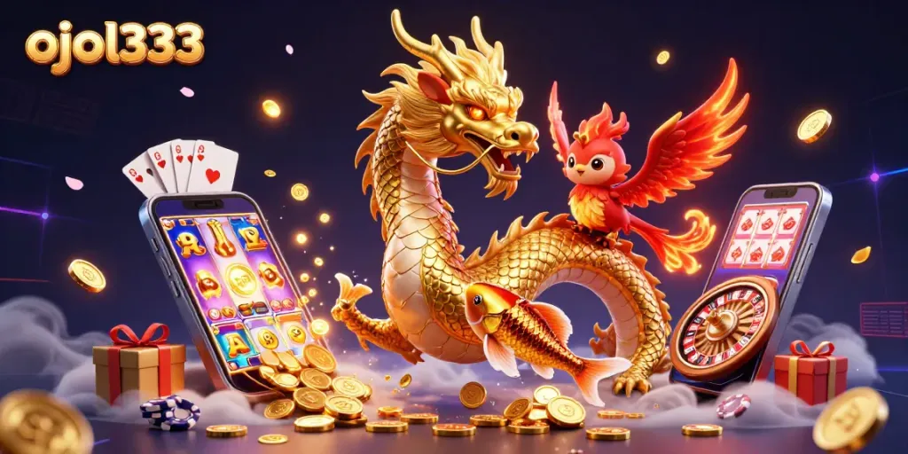 Experience the thrill of ojol333 gaming with a vibrant 3D casino scene filled with action and excitement.