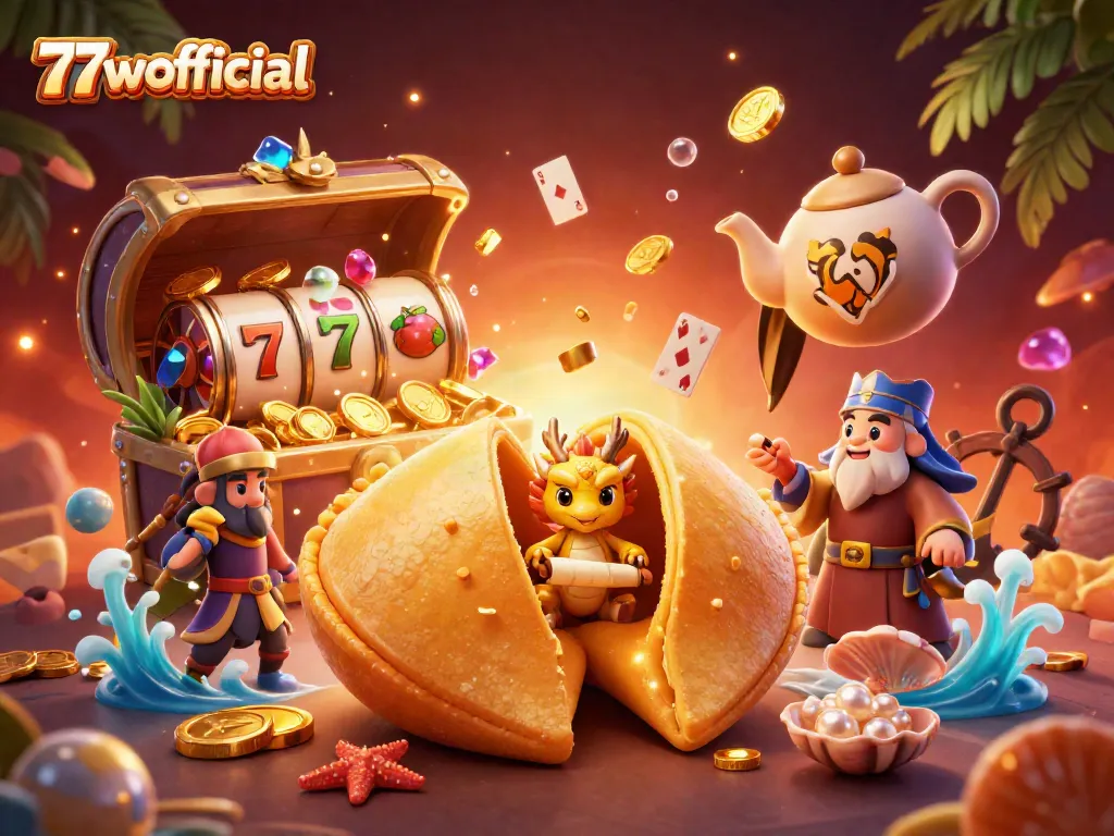 Experience vibrant casino action at 77wofficial featuring a golden fortune cookie and interactive gaming elements.