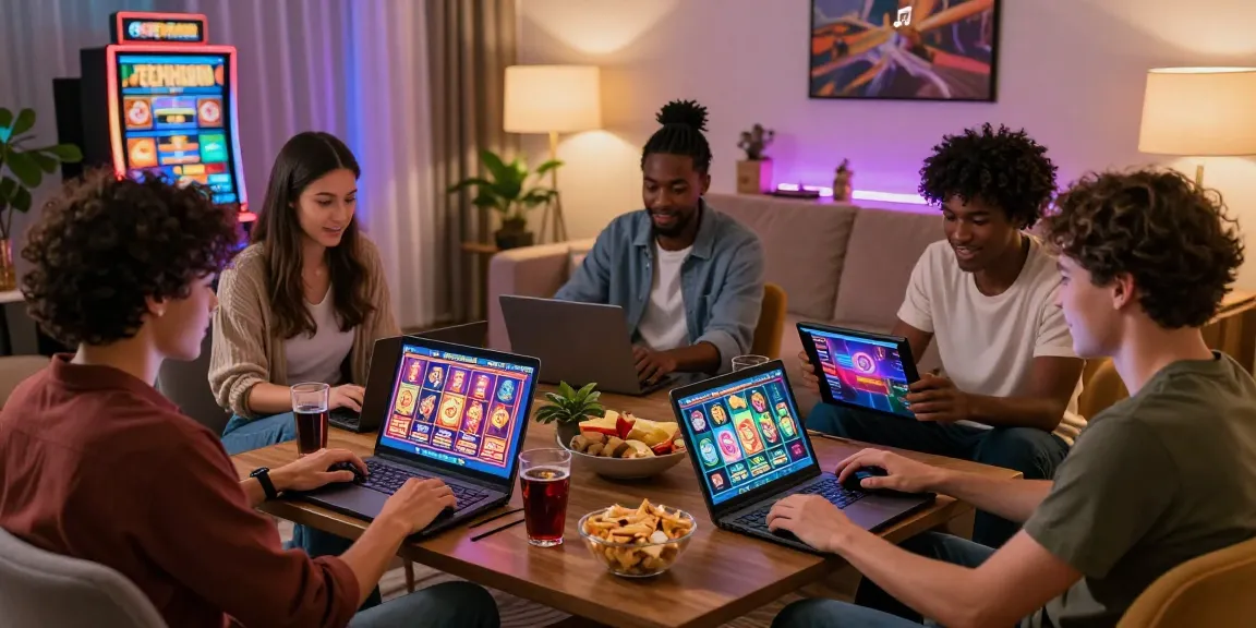 Group enjoying slot games at home on being-there.org.uk featured casinos.