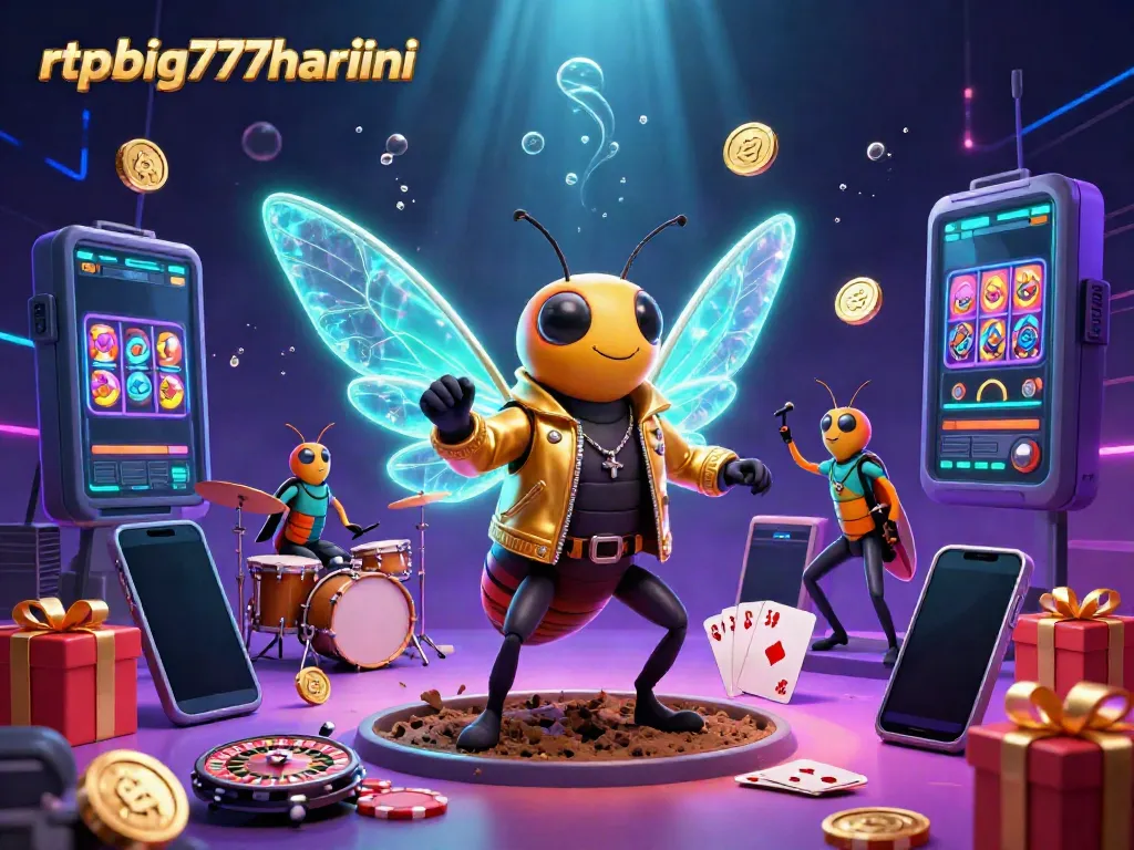 Engage with rtpbig777hariini's slot action, featuring a rock star cicada and vibrant gaming elements.