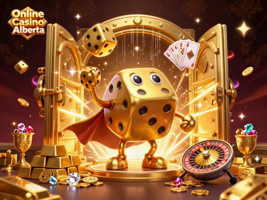 Engage with stunning Online Casino Alberta imagery showcasing golden dice, vibrant game elements, and treasures bursting with excitement.