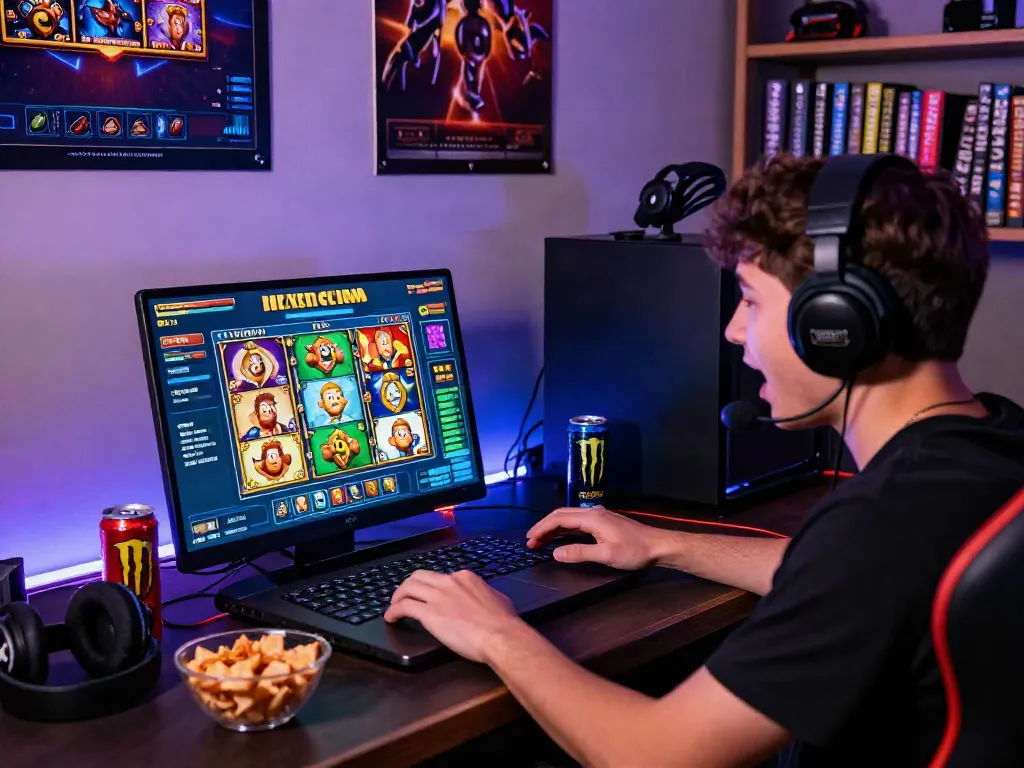 Player engaging with slot online games on a laptop in a vibrant gaming setup, showcasing excitement and immersive graphics.