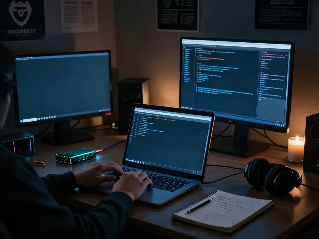 The hidden wiki dark web exploration scene with laptop, tech gadgets, and dark ambiance.