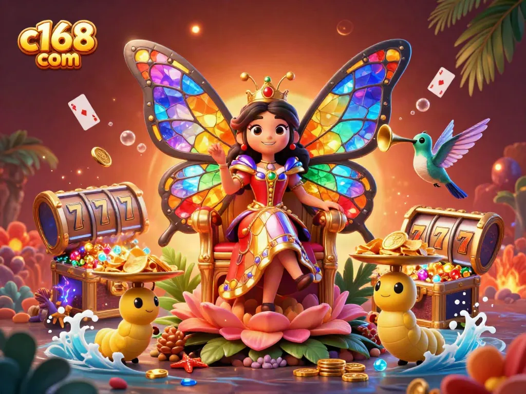 C168 com showcases an enchanting scene of casino excitement with a butterfly queen, colorful gems, and slot elements.