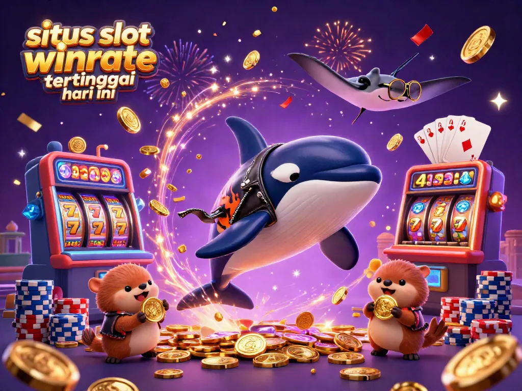Situs slot winrate tertinggi hari ini menampilkan orca, stingray, dan berang-berang dengan koin emas.